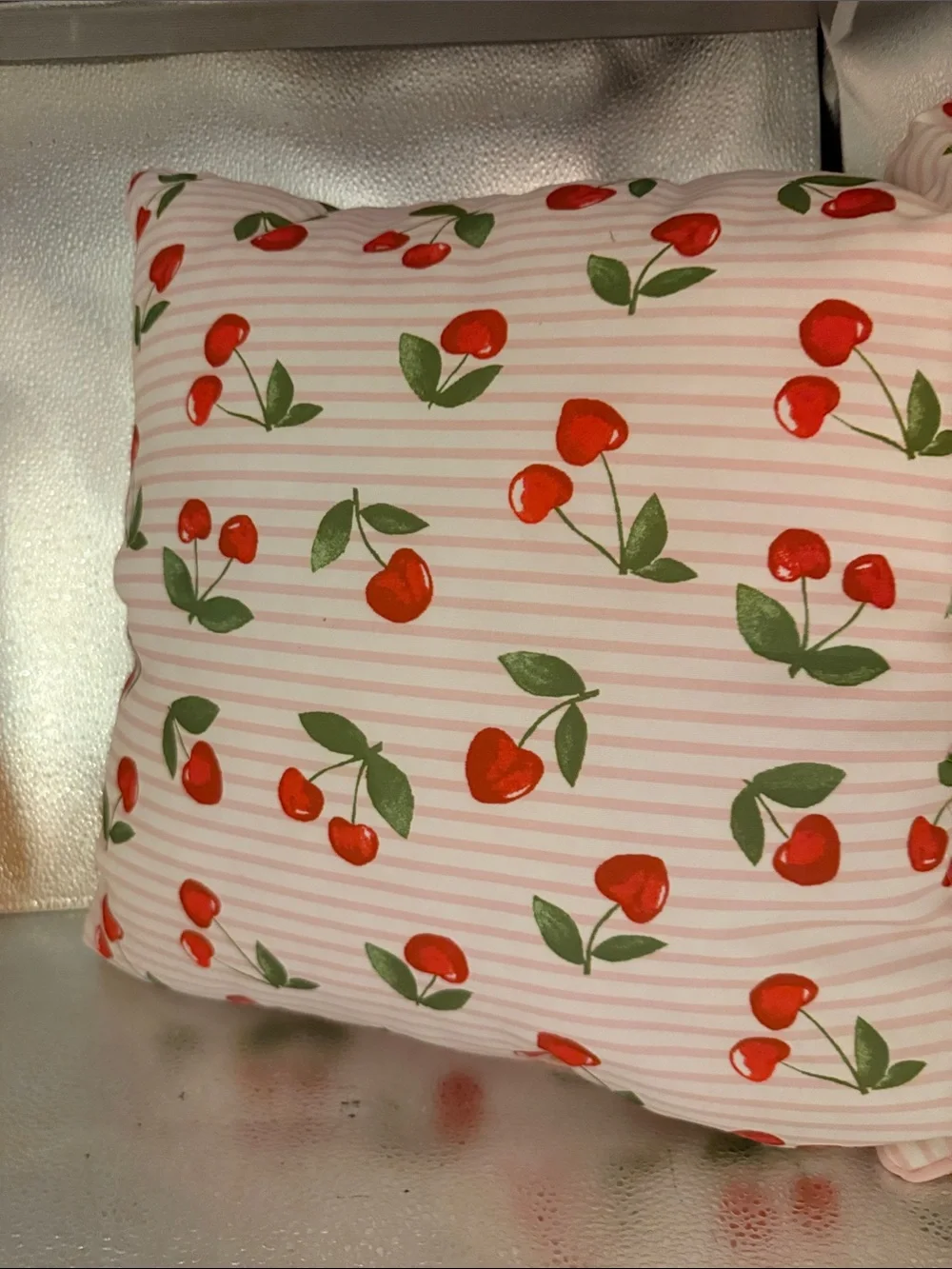 Spoon flower Cherry Print and Pink and white checkered on the Back